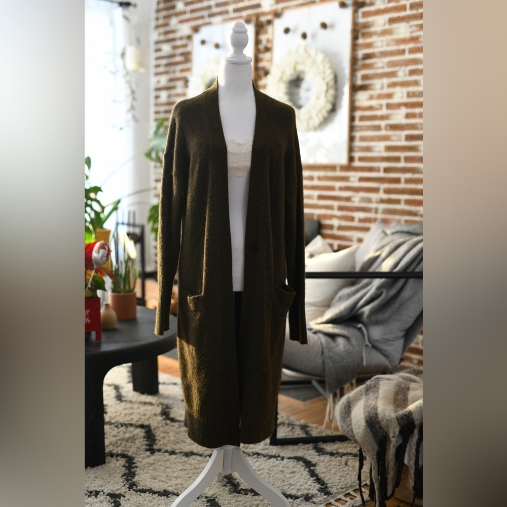 Wilfred Long Open-Front Olive Green Cardigan - Picture 4 of 8